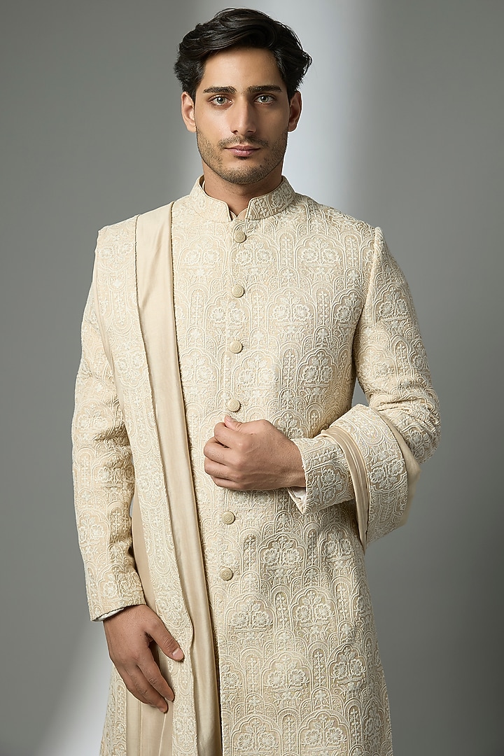 Beige Silk Thread Embellished Groom Sherwani Set by SALIL BHATIA at Pernia's Pop Up Shop