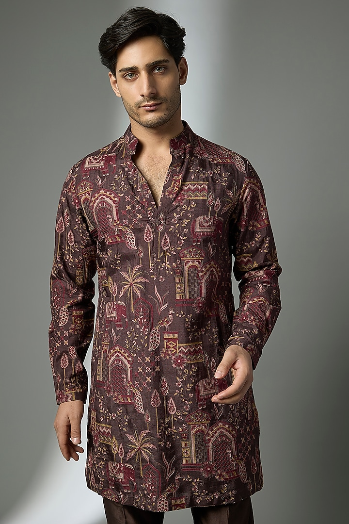 Burgundy Dola Silk Thread Embellished Kurta Set by SALIL BHATIA at Pernia's Pop Up Shop
