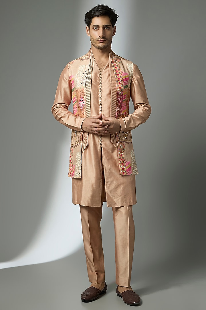 Champagne Beige Chinon Mirror Embellished Jacket Set by SALIL BHATIA at Pernia's Pop Up Shop