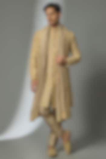 Antique Gold Silk Chanderi Zari Embroidered Groom Sherwani Set by SALIL BHATIA at Pernia's Pop Up Shop