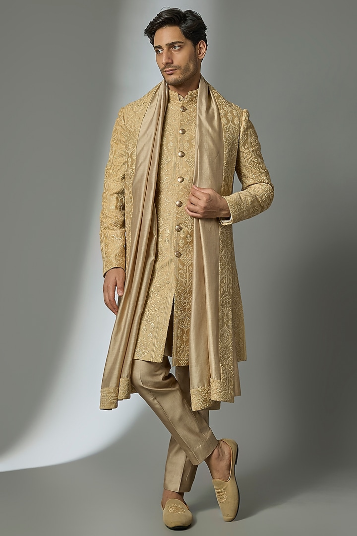 Antique Gold Silk Chanderi Zari Embroidered Groom Sherwani Set by SALIL BHATIA at Pernia's Pop Up Shop