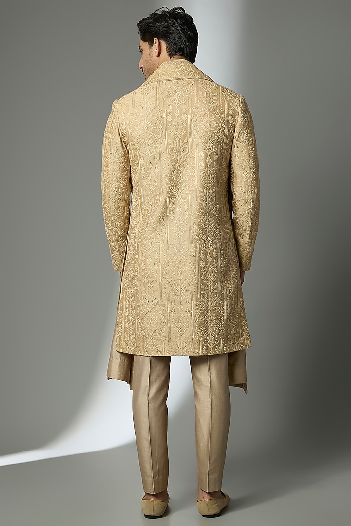 Antique Gold Silk Chanderi Zari Embroidered Groom Sherwani Set by SALIL BHATIA at Pernia's Pop Up Shop