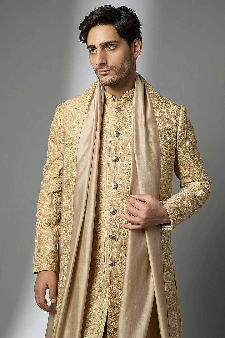 Antique Gold Silk Chanderi Zari Embroidered Groom Sherwani Set by SALIL BHATIA at Pernia's Pop Up Shop
