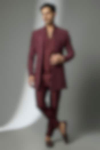 Wine Silk Thread Embellished Wedding Indowestern Set by SALIL BHATIA at Pernia's Pop Up Shop