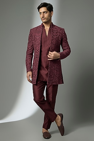Wine Silk Thread Embellished Indowestern Set by SALIL BHATIA