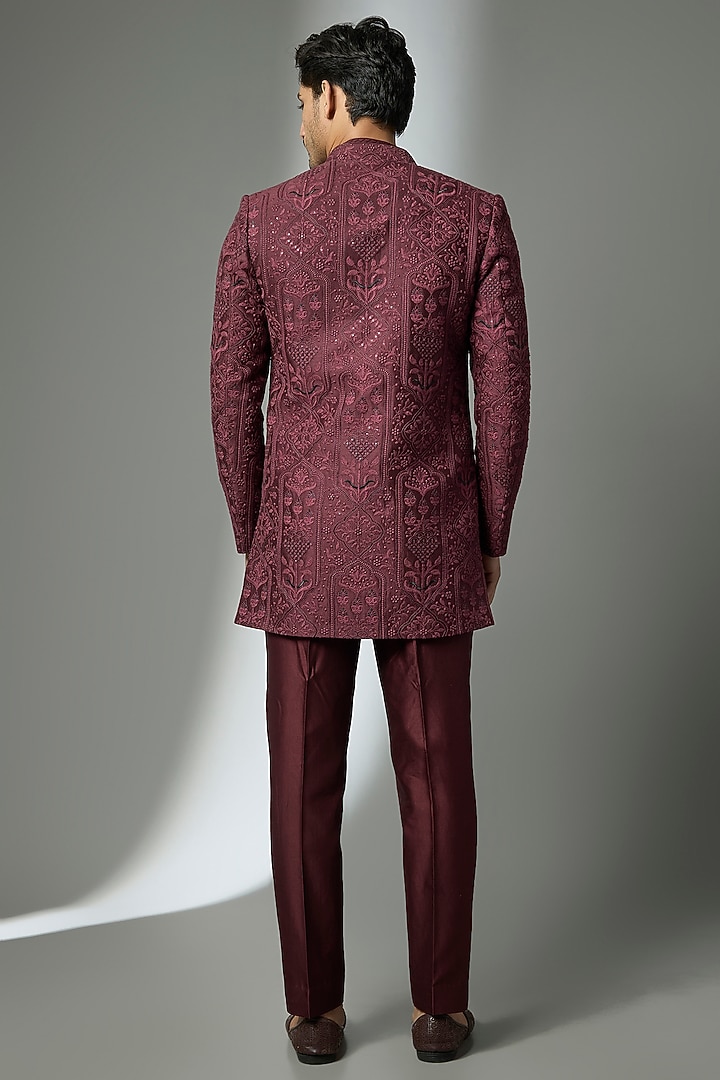 Wine Silk Thread Embellished Wedding Indowestern Set by SALIL BHATIA at Pernia's Pop Up Shop