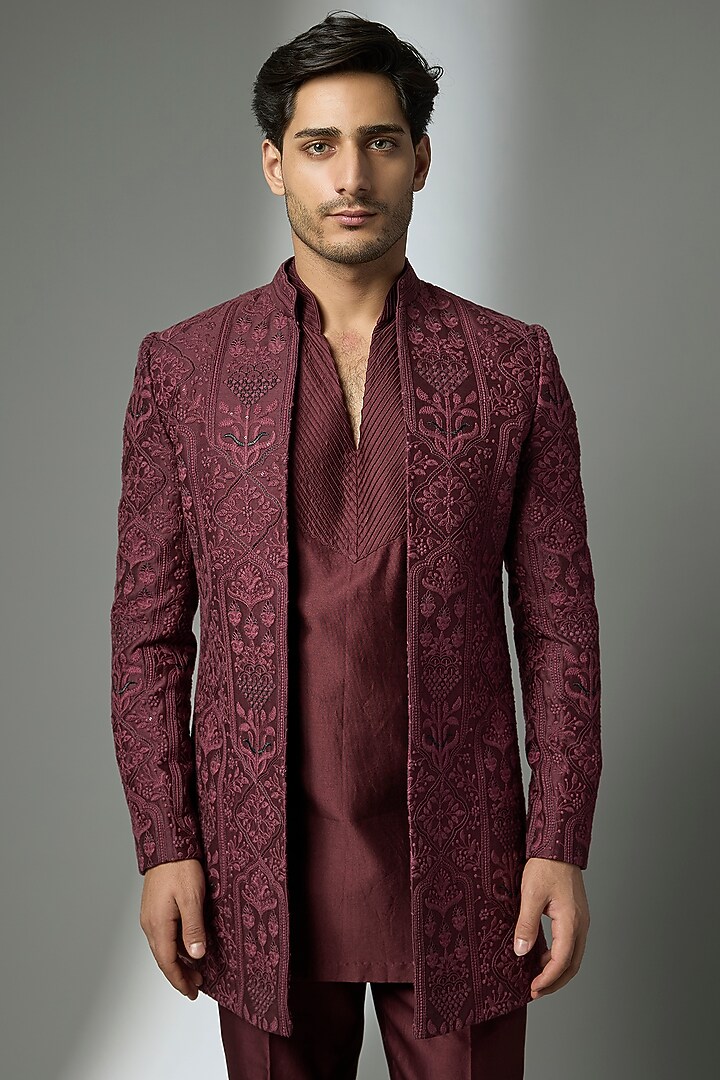 Wine Silk Thread Embellished Wedding Indowestern Set by SALIL BHATIA at Pernia's Pop Up Shop