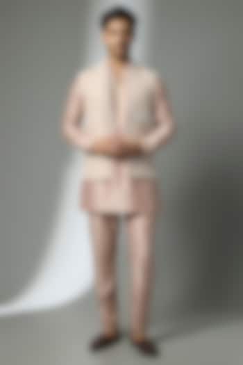 Dusty Pink Silk Chanderi Pearl Embellished Nehru Jacket Set by SALIL BHATIA at Pernia's Pop Up Shop