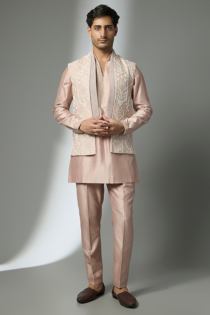 Dusty Pink Silk Chanderi Pearl Embellished Nehru Jacket Set by SALIL BHATIA at Pernia's Pop Up Shop