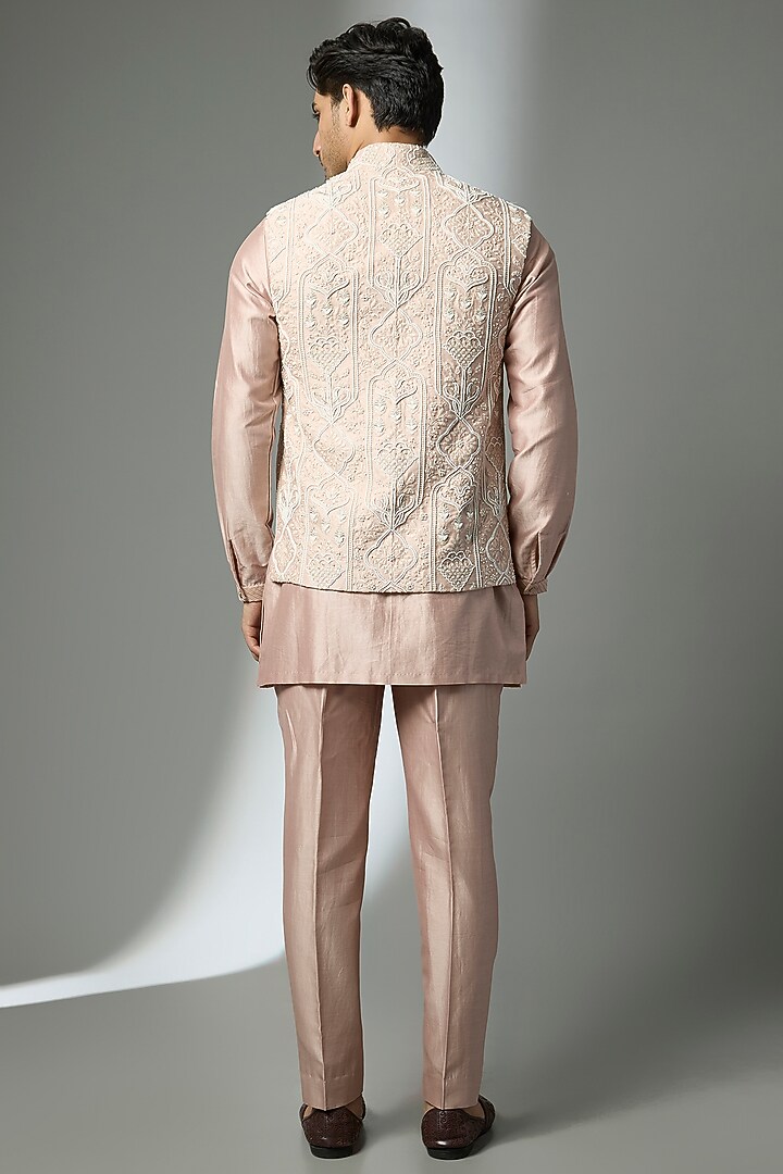 Dusty Pink Silk Chanderi Pearl Embellished Nehru Jacket Set by SALIL BHATIA at Pernia's Pop Up Shop