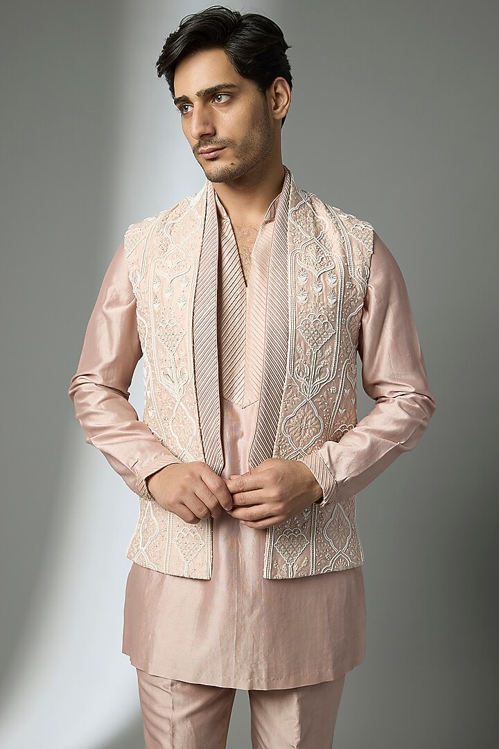 Dusty Pink Silk Chanderi Pearl Embellished Nehru Jacket Set by SALIL BHATIA at Pernia's Pop Up Shop