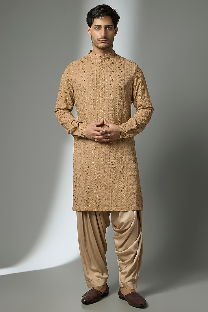 Antique Gold Georgette Thread Embellished Kurta Set by SALIL BHATIA at Pernia's Pop Up Shop