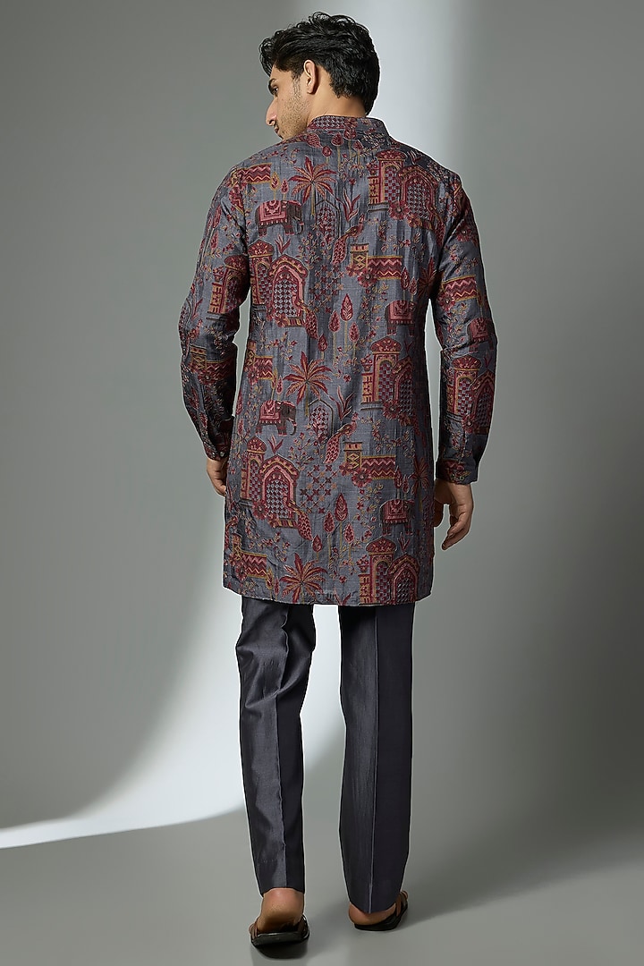 Smoky Blue Dola Silk Thread Embellished Kurta Set by SALIL BHATIA at Pernia's Pop Up Shop