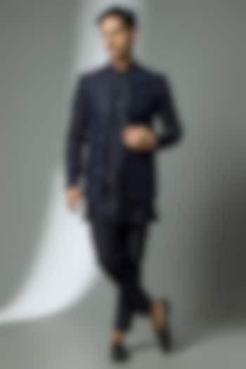 Navy Blue Silk Chanderi Sequin Embellished Wedding Indowestern Set by SALIL BHATIA at Pernia's Pop Up Shop