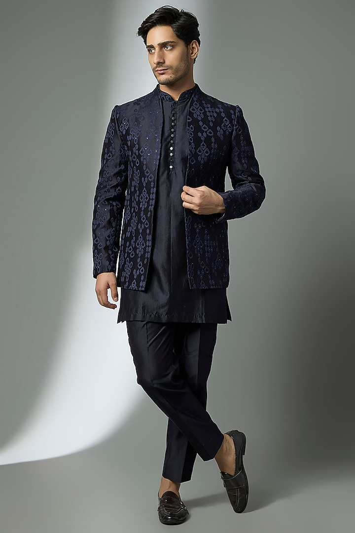 Navy Blue Silk Chanderi Sequin Embellished Wedding Indowestern Set by SALIL BHATIA at Pernia's Pop Up Shop