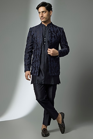 Navy Blue Silk Chanderi Sequin Embellished Indowestern Set by SALIL BHATIA