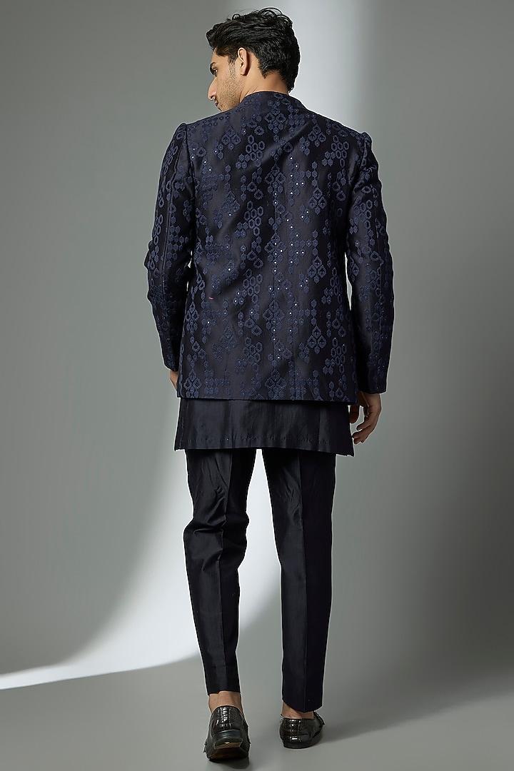 Navy Blue Silk Chanderi Sequin Embellished Wedding Indowestern Set by SALIL BHATIA at Pernia's Pop Up Shop