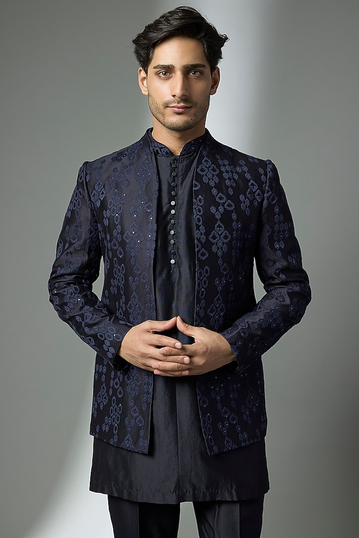 Navy Blue Silk Chanderi Sequin Embellished Wedding Indowestern Set by SALIL BHATIA at Pernia's Pop Up Shop