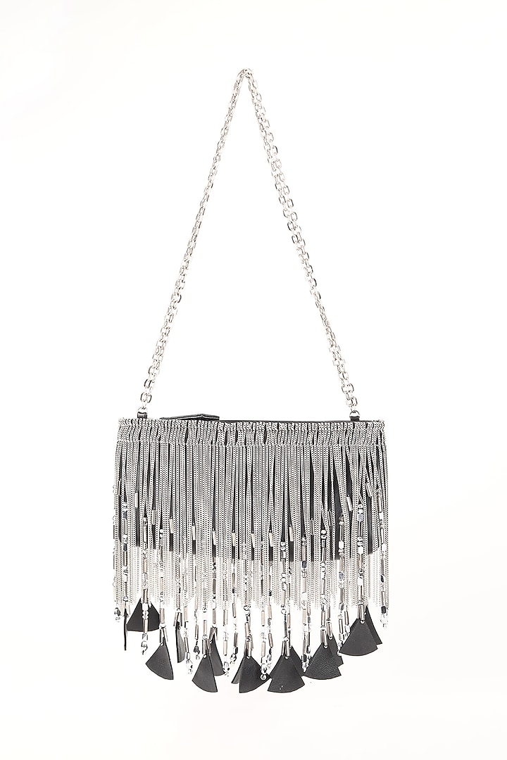 Black Leather Hand Beaded Tasselled Bag by Studio Accessories at Pernia's Pop Up Shop