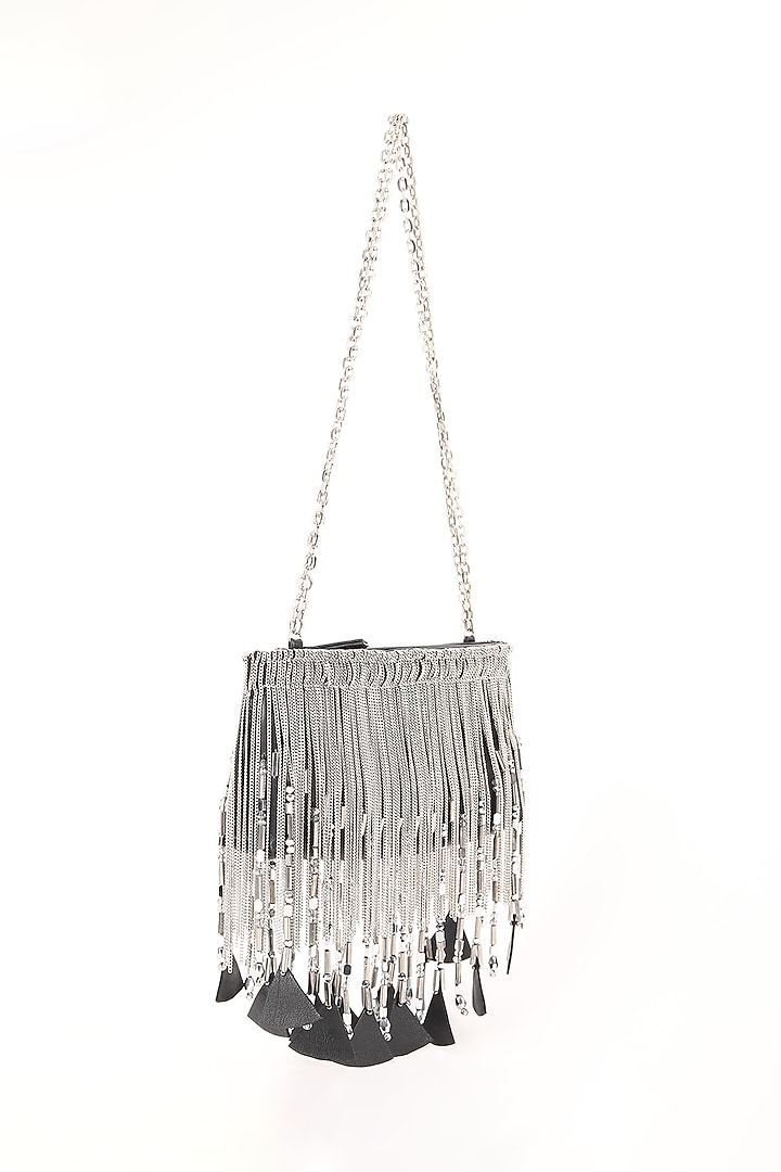 Black Leather Hand Beaded Tasselled Bag by Studio Accessories at Pernia's Pop Up Shop