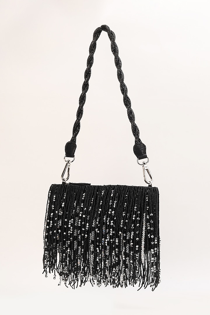 Black Silk Jacquard Hand Beaded Tasselled Bag by Studio Accessories at Pernia's Pop Up Shop