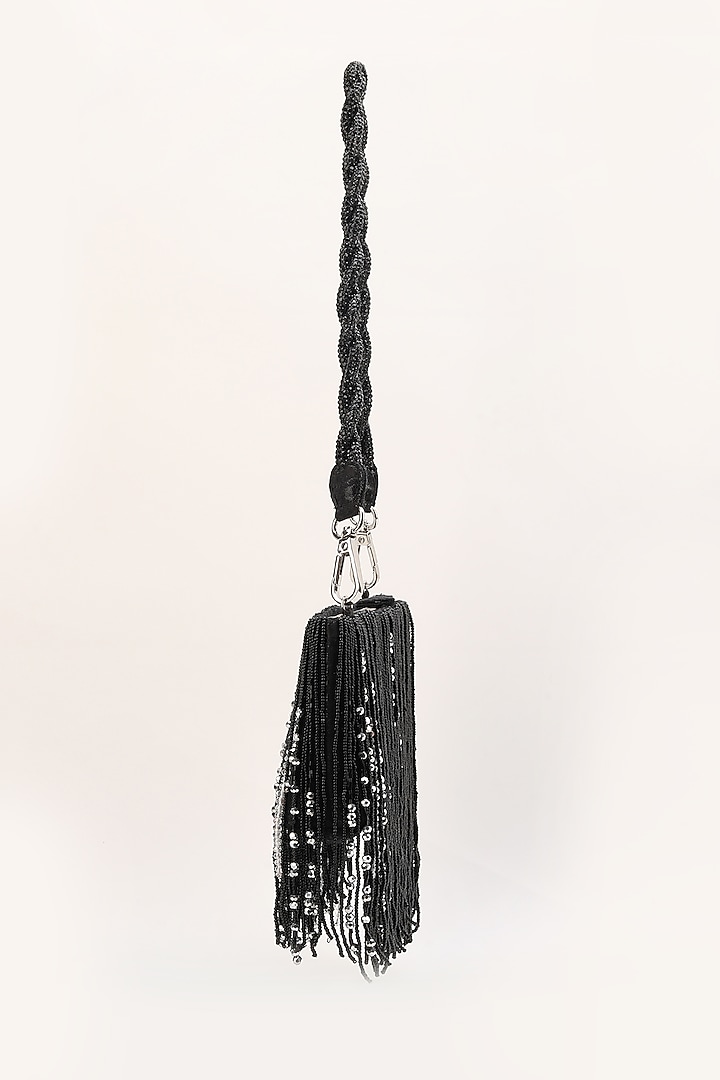 Black Silk Jacquard Hand Beaded Tasselled Bag by Studio Accessories at Pernia's Pop Up Shop