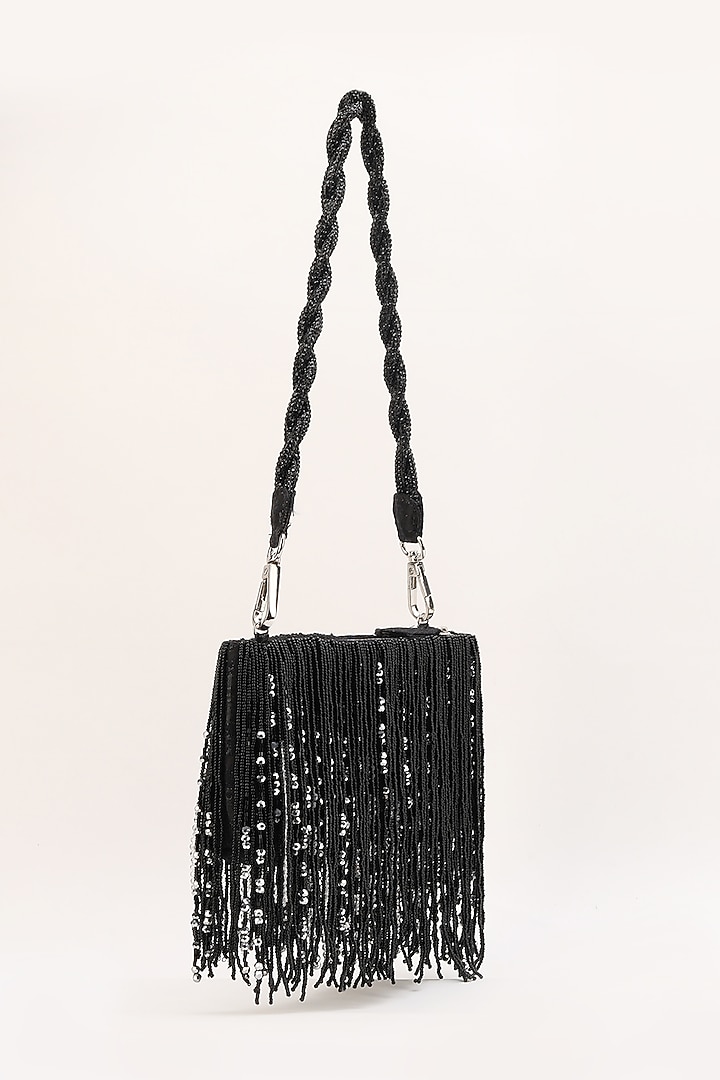 Black Silk Jacquard Hand Beaded Tasselled Bag by Studio Accessories at Pernia's Pop Up Shop