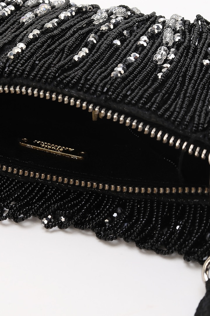 Black Silk Jacquard Hand Beaded Tasselled Bag by Studio Accessories at Pernia's Pop Up Shop