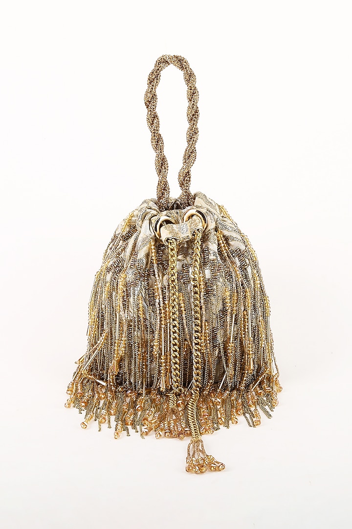 Gold Silk Jacquard Hand Beaded Embellished Potli by Studio Accessories at Pernia's Pop Up Shop