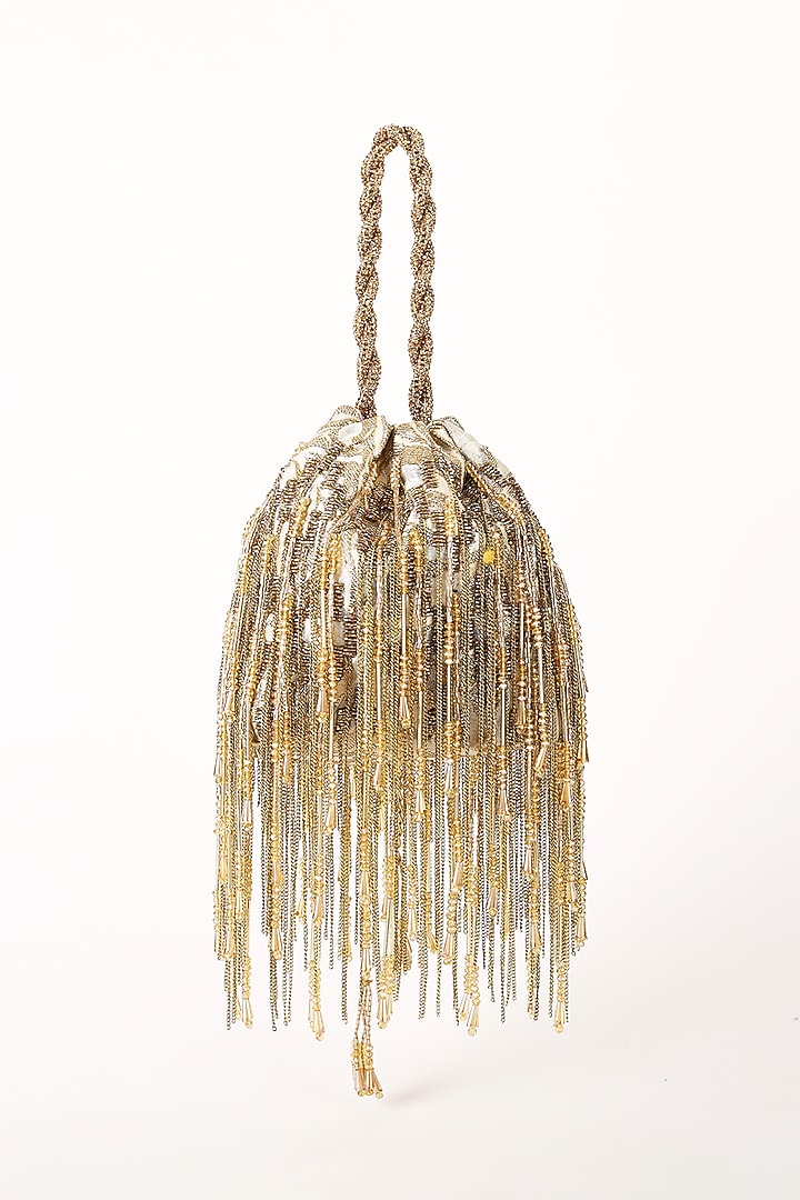 Gold Silk Jacquard Hand Beaded Embellished Potli by Studio Accessories at Pernia's Pop Up Shop