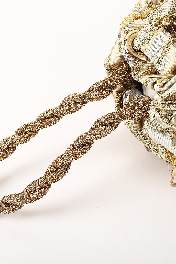 Gold Silk Jacquard Hand Beaded Embellished Potli by Studio Accessories at Pernia's Pop Up Shop