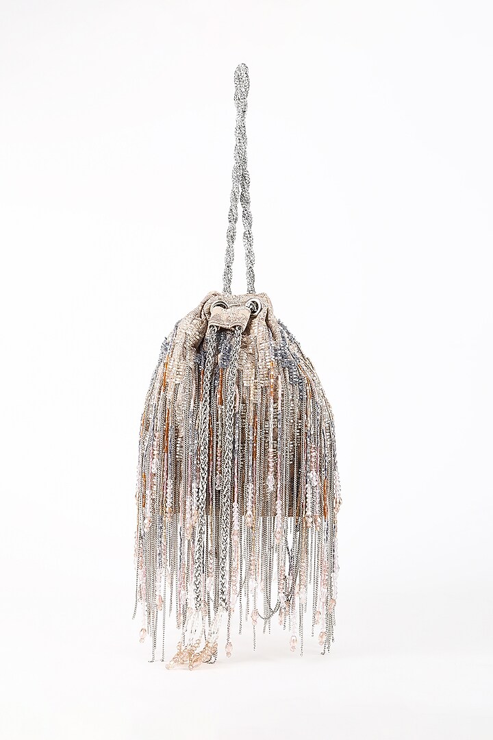 Rose Gold Silk Jacquard Hand Beaded Embellished Potli by Studio Accessories at Pernia's Pop Up Shop
