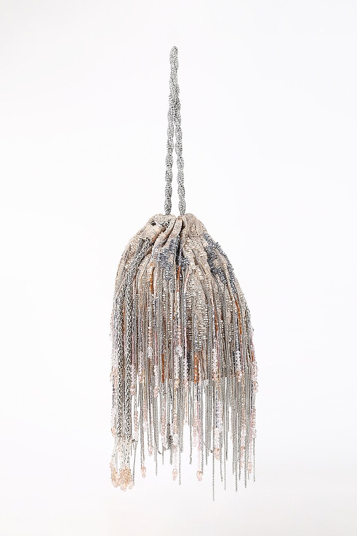 Rose Gold Silk Jacquard Hand Beaded Embellished Potli by Studio Accessories at Pernia's Pop Up Shop