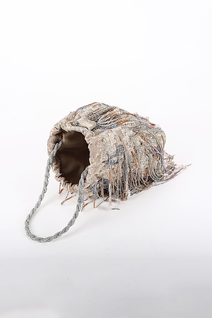 Rose Gold Silk Jacquard Hand Beaded Embellished Potli by Studio Accessories at Pernia's Pop Up Shop
