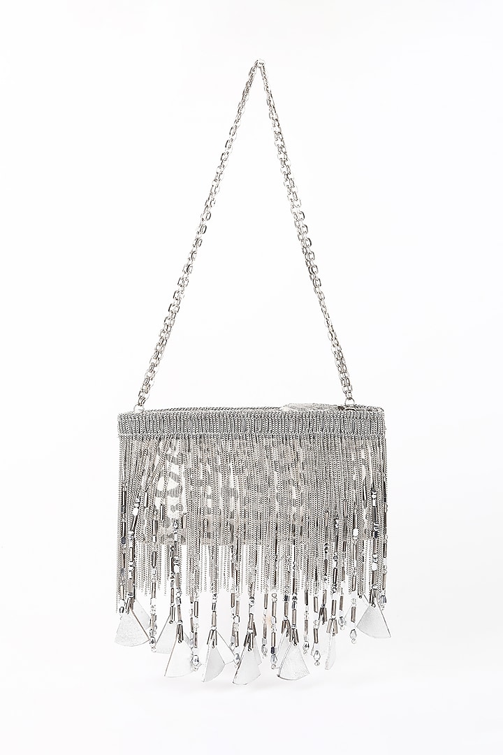 Silver Silk Jacquard Hand Beaded Bag by Studio Accessories at Pernia's Pop Up Shop