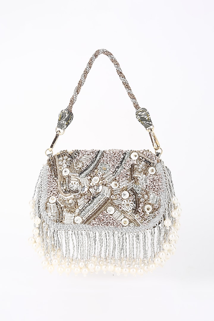 Silver & Gold Suede Hand Embroidered Bag by Studio Accessories at Pernia's Pop Up Shop