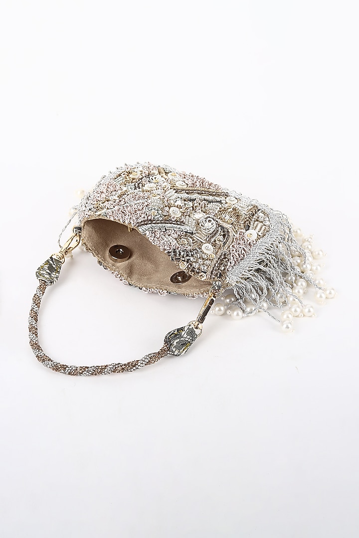 Silver & Gold Suede Hand Embroidered Bag by Studio Accessories at Pernia's Pop Up Shop