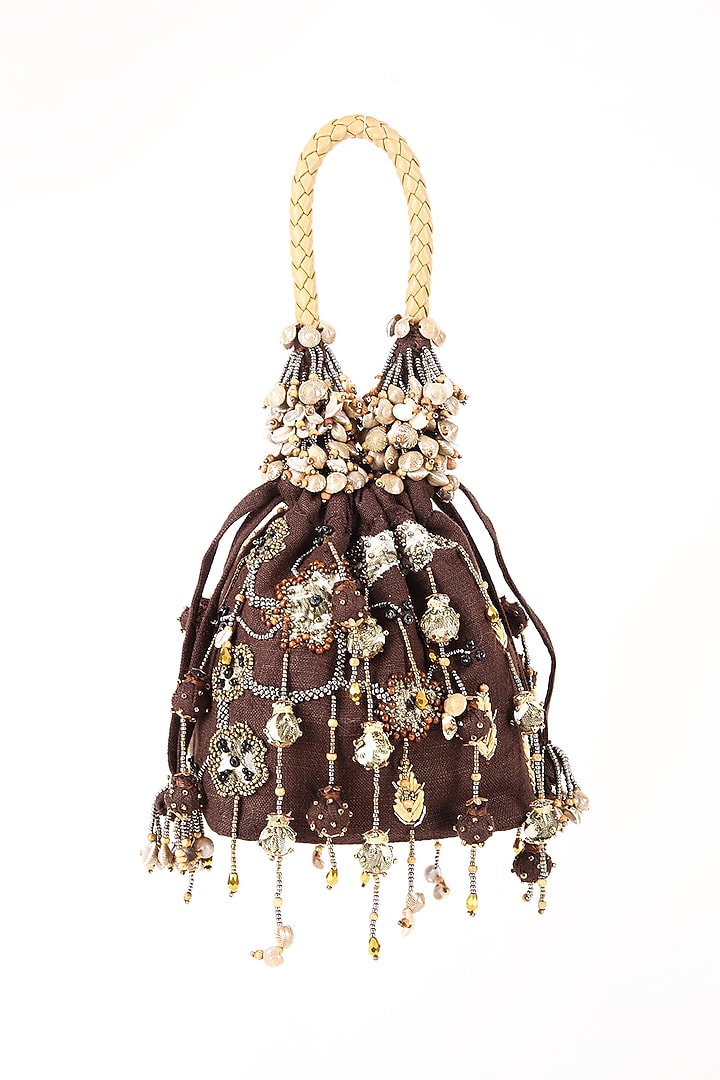 Brown Silk Jacquard Cutdana Work Potli by Studio Accessories at Pernia's Pop Up Shop