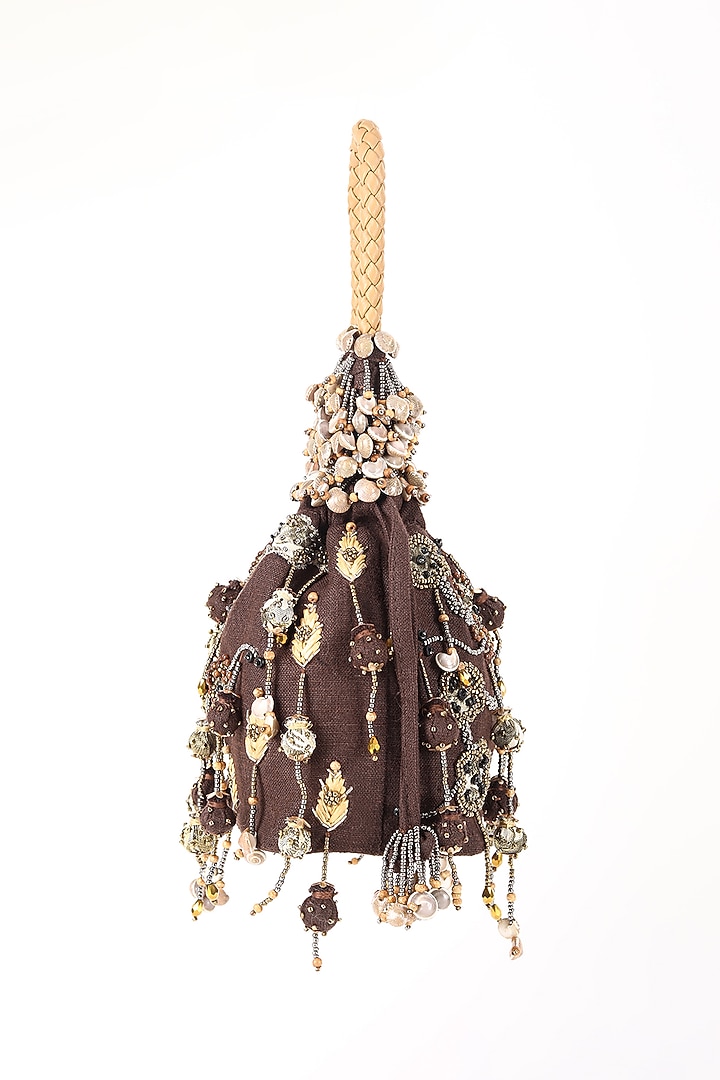 Brown Silk Jacquard Cutdana Work Potli by Studio Accessories at Pernia's Pop Up Shop