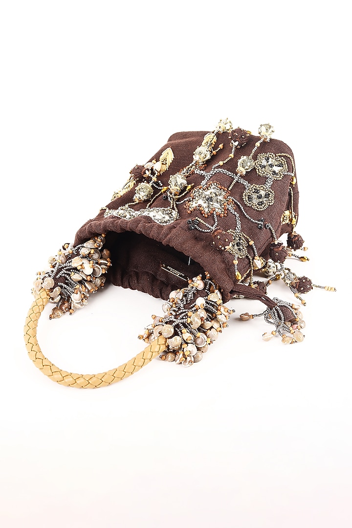 Brown Silk Jacquard Cutdana Work Potli by Studio Accessories at Pernia's Pop Up Shop
