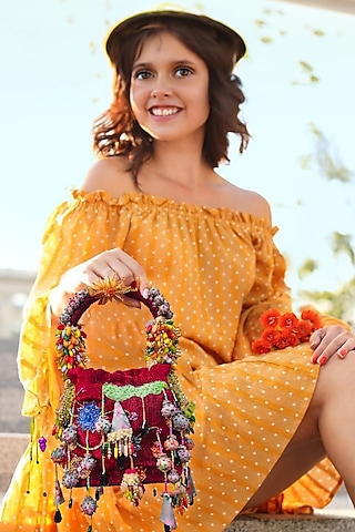 Red Velvet Bead Embroidered Potli by Studio Accessories