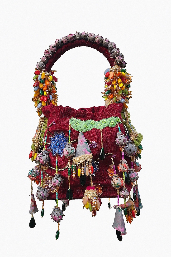 Red Velvet Bead Embroidered Potli by Studio Accessories at Pernia's Pop Up Shop