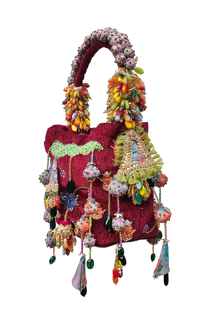 Red Velvet Bead Embroidered Potli by Studio Accessories at Pernia's Pop Up Shop