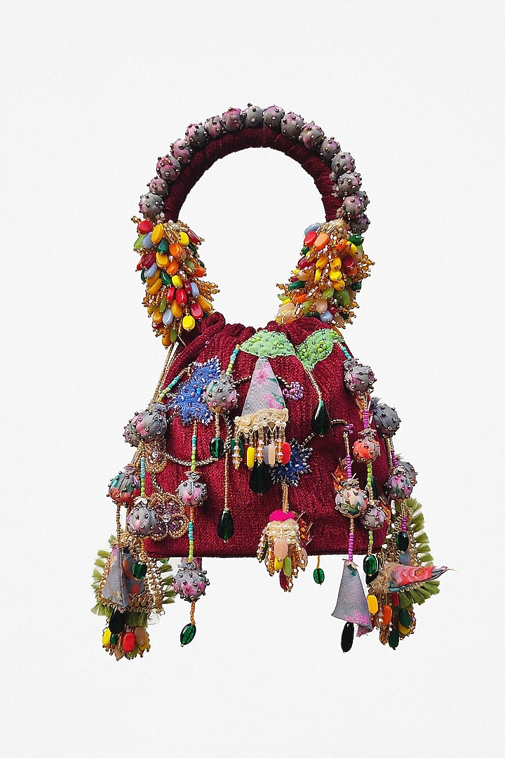 Red Velvet Bead Embroidered Potli by Studio Accessories at Pernia's Pop Up Shop