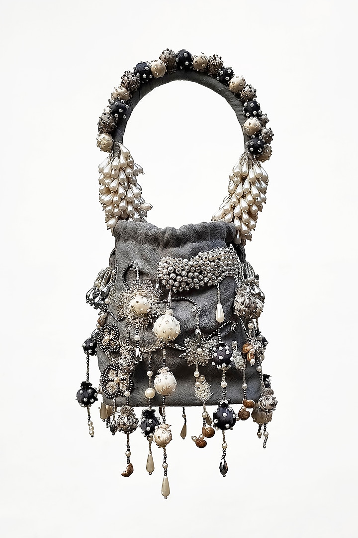 Grey Suede Hand Embroidered Potli by Studio Accessories at Pernia's Pop Up Shop