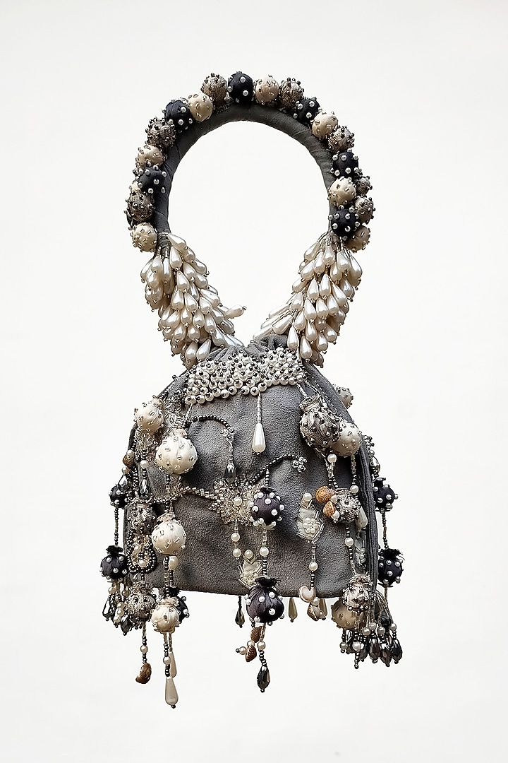 Grey Suede Hand Embroidered Potli by Studio Accessories at Pernia's Pop Up Shop