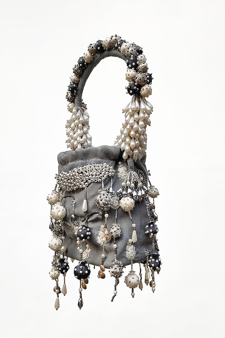 Grey Suede Hand Embroidered Potli by Studio Accessories at Pernia's Pop Up Shop