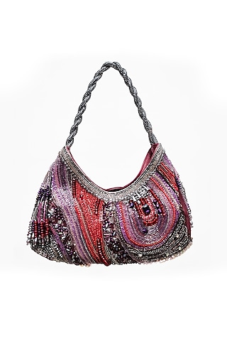 Red Leather Hand Embellished Bag by Studio Accessories