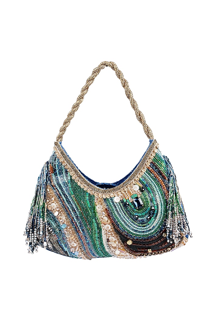 Blue Leather Hand Embellished Bag by Studio Accessories at Pernia's Pop Up Shop