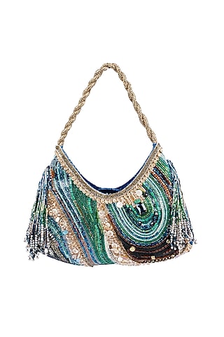 Blue Leather Hand Embellished Bag by Studio Accessories